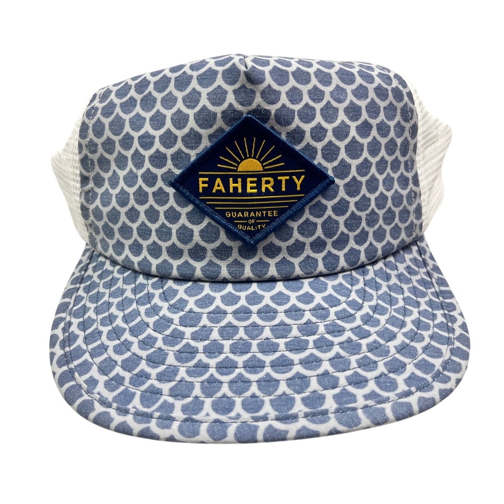 Faherty Brand Blue White Fish Scale Pattern Mesh Snapback Trucker Hat Cap